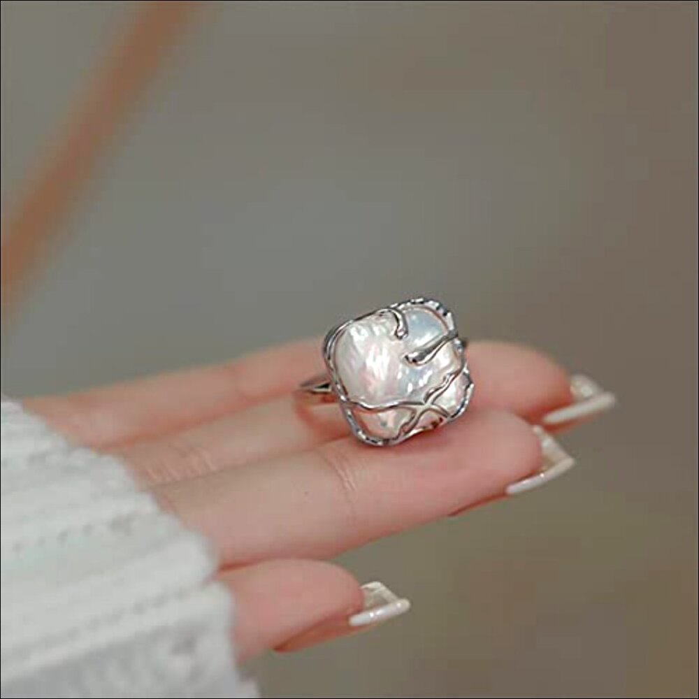 Adjustable Baroque Pearl Statement Ring, Brass Si… - image 6